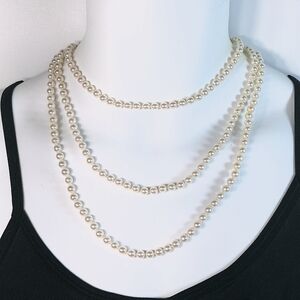 Vintage Faux Pearl Long Strand Clasped Necklace
